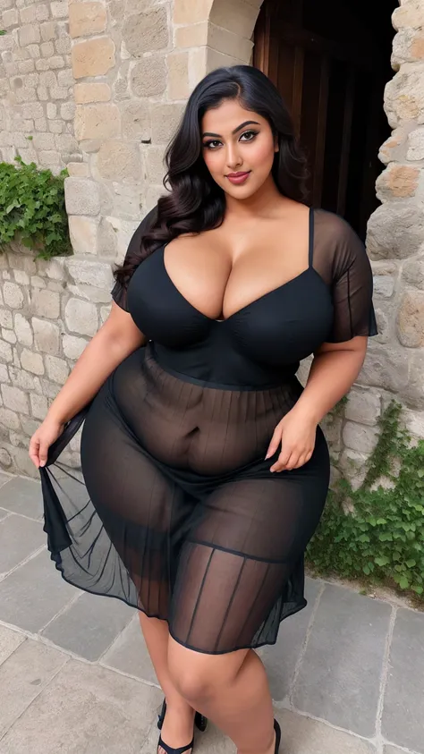 Indian gorgeous curvy plus size actress madhubala, glowing eyes, wearing Ladies" Plain And Simple Pleated Mesh Design Spaghetti Strap Dress, parted lips, thick thighs, bigger waist, busty, curvy plus size body, full body, full body shot, head to toe view, ...