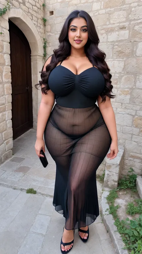 Indian gorgeous curvy plus size actress madhubala, glowing eyes, wearing Ladies" Plain And Simple Pleated Mesh Design Spaghetti Strap Dress, parted lips, thick thighs, bigger waist, busty, curvy plus size body, full body, full body shot, head to toe view, ...