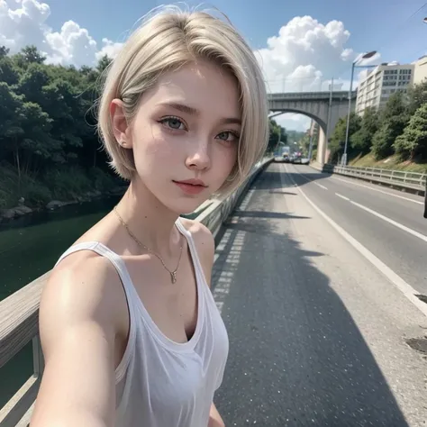 Woman, white short hair, sidecut, taking selfie on a bridge