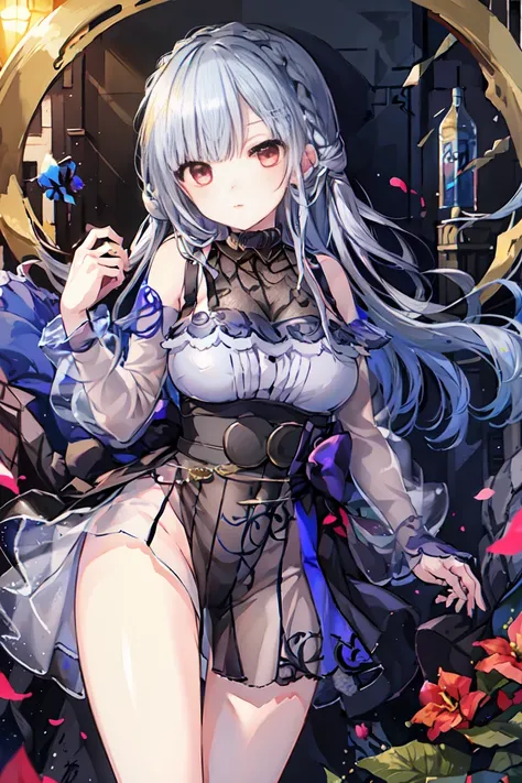 (masterpiece), (Highest quality), (Super detailed), Official Art, one girl, Silver-haired loli,  girl, Confused eyes、White and gold see-through dress, Sleeveless, Off the shoulder, Cleavage, Underbust, Thigh focus, Navel exposed, Large Breasts、
