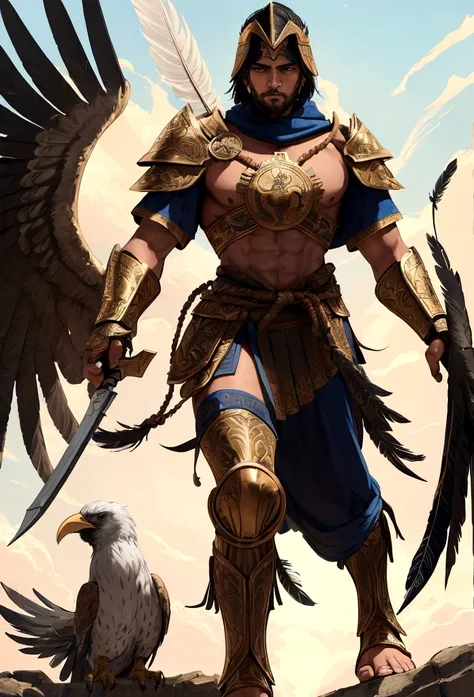 Imagine in stunning 8K cinematic detail, a formidable Spartan warrior with the face of a bird. His avian features include a razor-sharp beak and piercing eyes like those of an eagle, captured in full HD clarity. His feathers are a brilliant golden hue, shi...