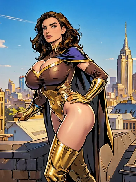 Gorgeous and sultry busty athletic (thin) brunette with sharp facial features and a (large nose) and (huge boobs) wearing a white and gold superhero leotard, cape, gloves, thigh-high boots. City skyline, rooftops.