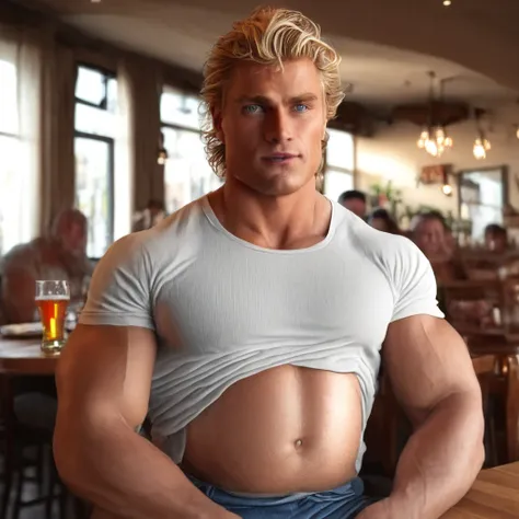 a handsome muscular blonde man in a restaurant,1man,detailed facial features,detailed eyes,detailed lips,detailed nose,detailed face,extremely detailed facial features,beer belly,sitting at table,photorealistic,realistic,8k,detailed lighting,cinematic ligh...