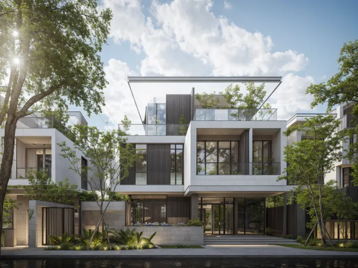 raw photo, exterior of two story white modern house, road, ((sidewalk)), ((sidewalk trees)), residences area, day time, tropical...