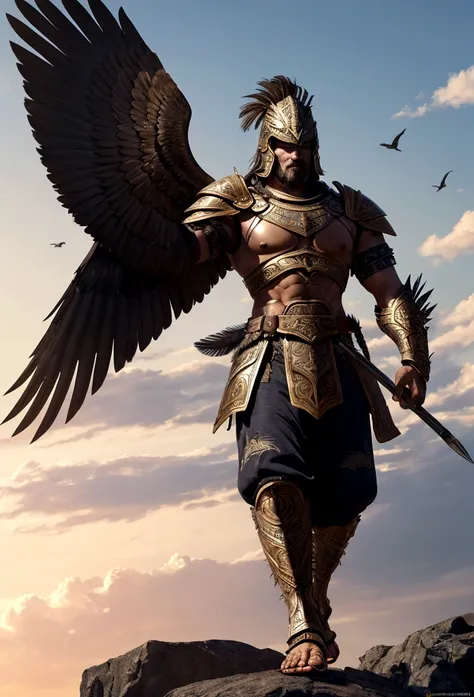 Imagine in stunning 8K cinematic detail, a formidable Spartan warrior with the face of a bird. His avian features include a razor-sharp beak and piercing eyes like those of an eagle, captured in full HD clarity. His feathers are a brilliant golden hue, shi...