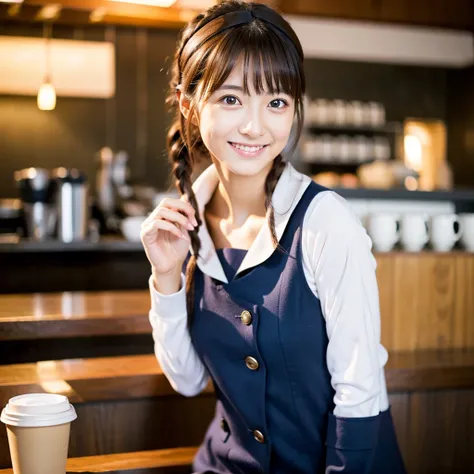 One girl,  alone, Hand on the bed phone，Smileみ,  (Super Masterpiece), (Realistic), (Ultra fine), (beautiful),  Studying in a coffee shop, Professional Lighting,  (Highest quality, 64k, masterpiece), とてもbeautifulLong face顔, Japanese Model, clavicle, Artisti...