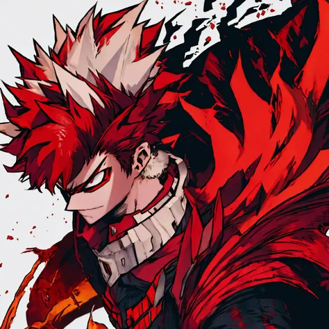 A young man with strong red hair, spiky hair, Look of Fury, kitsune mouth mask.