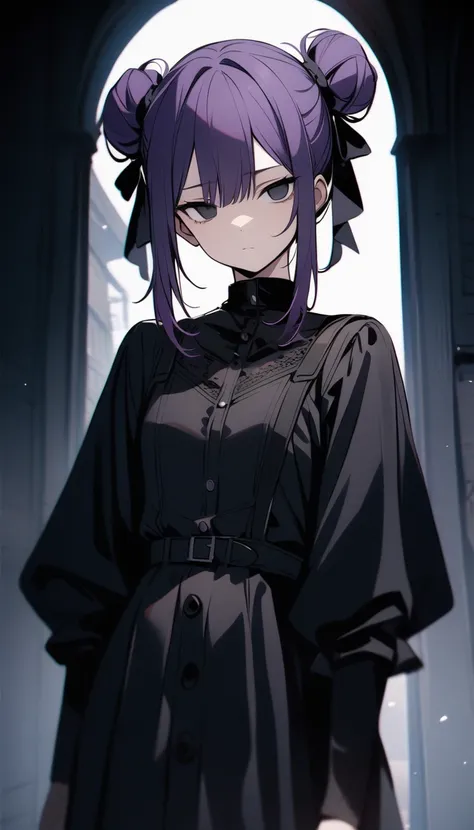 purple hair, double bun, hair ribbon, empty eyes,black eyes, expressionless eyes, cowboy shot，simple background masterpiece, best quality, very aesthetic