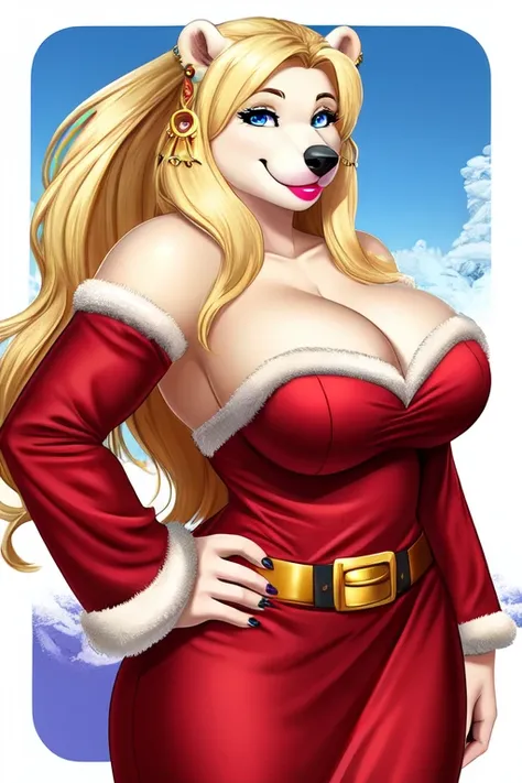 Blonde polar bear woman, wearing a backless Santa dress, perfect face, blue eyes, big breasts, cleavage, three-quarter view, solo, smile, perfect detailed body, pink lipstick, hand on hips, gold earring,