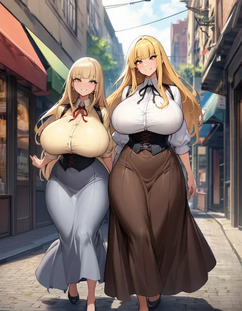 blonde hair color,long hair,hime cut,light brown eyes,corset, long skirt,earrings,huge breasts,Whipped thighs,slender,near,street background,SFW,perfect,high quality,faultless,smile