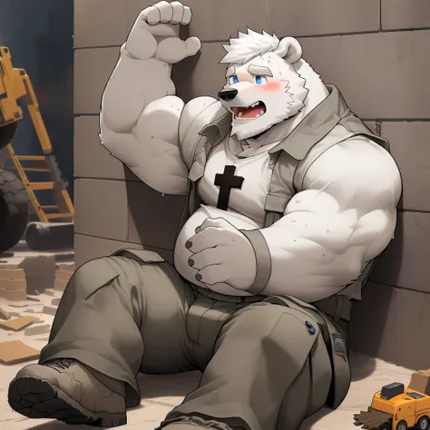 masterpiece, best quality, 8k resolution, Very detailed, hairy，(((polar bear))，(((Mature)))，(((Blue Eyes))，(((beard))),(((Strong)))，(((White hair all over body)))，(((portrait)))，(((White hair)))，(((Construction Site)))，For the audience，(((White vest))),(((...