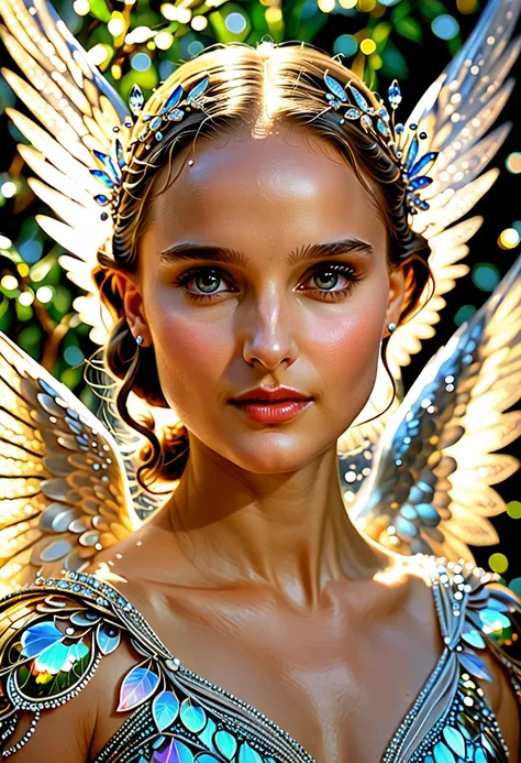 (( Natalie Portman )), A whimsically eccentric 20-year-old woman with shiny wings, 8K, every intricate detail radiates magic: tiny silver bells tangled in her hair, bright dewdrops adorning its translucent wings, and bright iridescent eyes full of mischief...