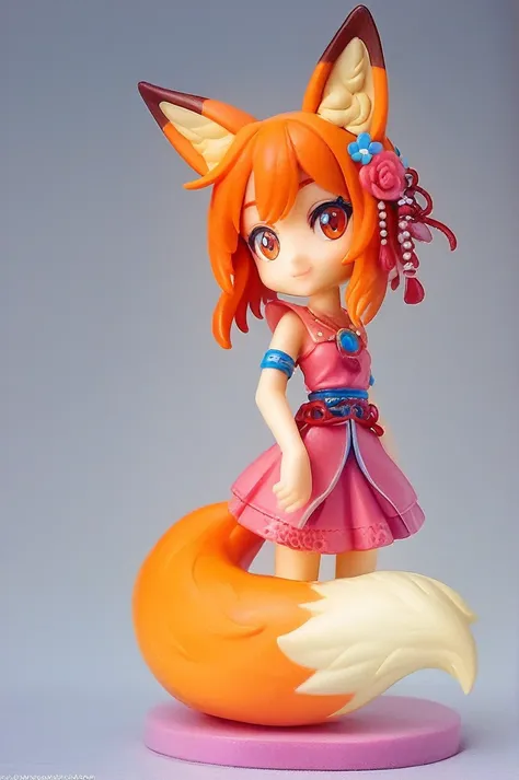 (pvc figure style:1.4), figure, (best quality, masterpiece) 1girl, sen, animal ears, tail, fox ears, fox girl, fox tail, hair flower, hair ornament, orange eyes, orange hair, short hair, portrait of vin, beautiful, traditional media, basic background, blur...