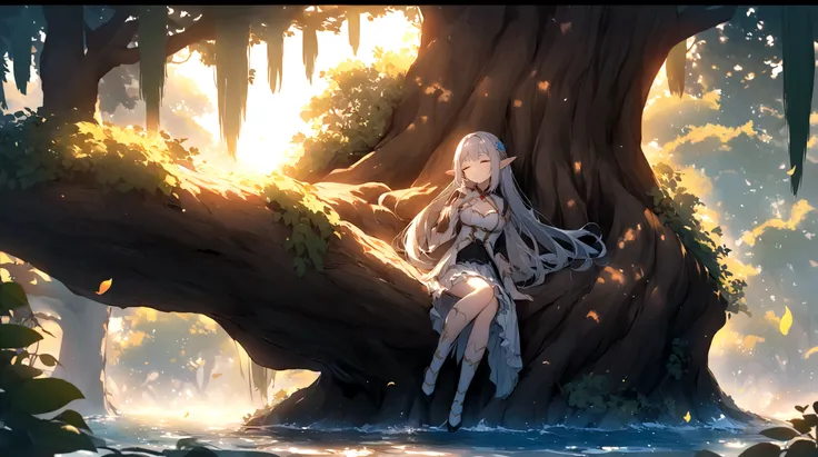 A girl，Elf，Girl sleeping in a tree，茂密的Big Tree，Big Tree，Clear lake water，Morning Sunshine，Long gauze skirt