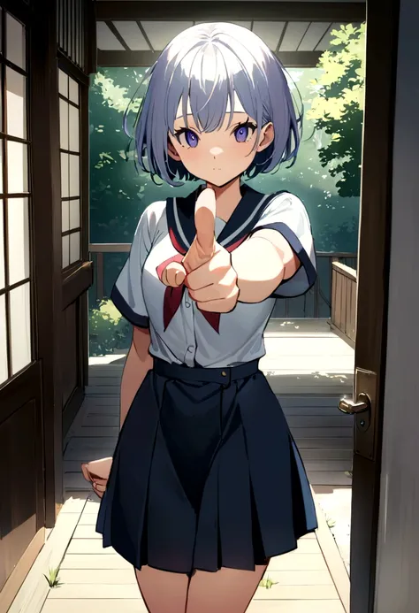 ((Best Quality)), ((masterpiece)), (a girl wearing a japanese student uniform, one of his hands is placed on his waist while the other is pointing towards the viewer with a thumbs up gesture, anime style, short sleeve, perspective in 3/4), ((1 hand on the ...