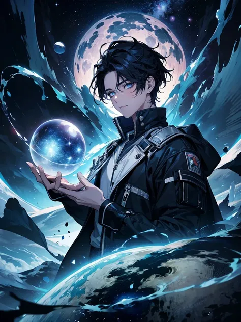 Best quality, masterpiece, ultra-detailed, 4k, perfect image, a boy with black hair and starry eyes completely blended with space with his hands holding a universe.