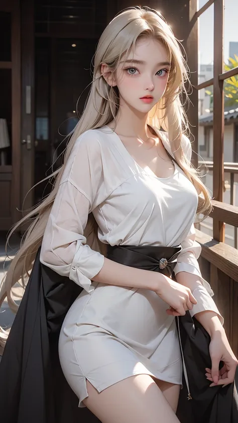 A stunning beauty who is half French and half Japanese、Anyway, her face is beautiful、Beautiful blue eye color、She has beautiful long straight hair that is light blonde in color.。Please wear a one-piece dress。already１The man has black hair and long bangs.。M...