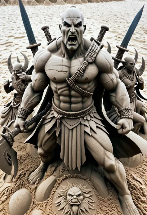 Sand sculpture style, The three-headed, six-armed god of war wields six sharp weapons，Weave your way through the battlefield，Unrivaled Strength，Overwhelm the enemy，Strong sense of déjà vu。