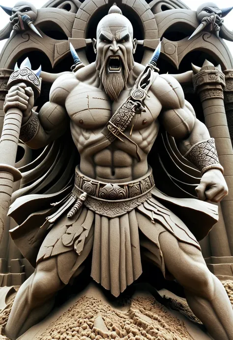 Sand sculpture style, The three-headed, six-armed god of war wields six sharp weapons，Weave your way through the battlefield，Unrivaled Strength，Overwhelm the enemy，Strong sense of déjà vu。