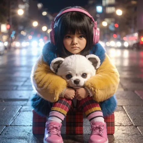 realistis 4d anak gadis kulit realistis rambut hitam yang mengenakan jaket berbulu tebal warna kuning biru, sepatu pink, rok merah kotak kotak, duduk di jalan kota pada malam hari. Anak tersebut harus memakai headphone, memegang boneka anjing besar dengan ...