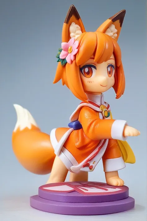 (pvc figure style:1.4), figure, (best quality, masterpiece) 1girl, sen, animal ears, tail, fox ears, fox girl, fox tail, hair flower, hair ornament, orange eyes, orange hair, short hair, portrait of vin, beautiful, traditional media, basic background, blur...