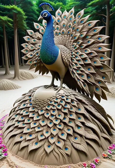 Sand sculpture style, Colorful peacock spreads its colorful tail，Dance in the forest，Gorgeous，Better than all the flowers in the forest，Strong sense of déjà vu。