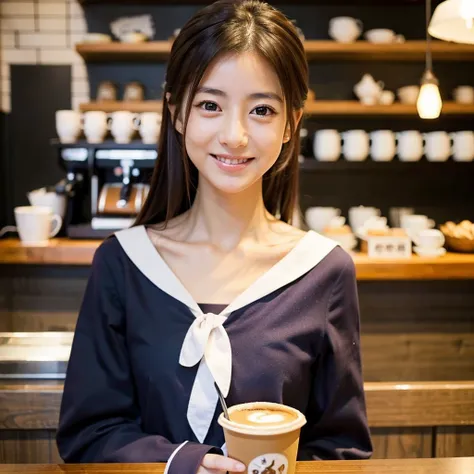 One girl,  alone, Hand on bed phone，Smileみ,  (Super Masterpiece), (Realistic), (Ultra fine), (beautiful),  Studying in a coffee shop, とてもbeautifulLong face顔, Japanese Model, clavicle, Big eyes, Black brown hair, Smile, Full body photo, Long face, Sailor su...