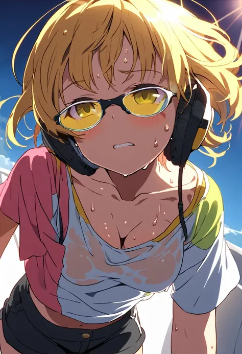 absurdres, highres, kawaii girl, mid-summer, super hot day, hot and sweaty, lots of sweat, wet, T-shirt and black shorts are transparent from sweat, (super very short hair:1.3), (yellow glasses:1.3), underrim_metal, headphones, medium breasts, clavicle, cl...