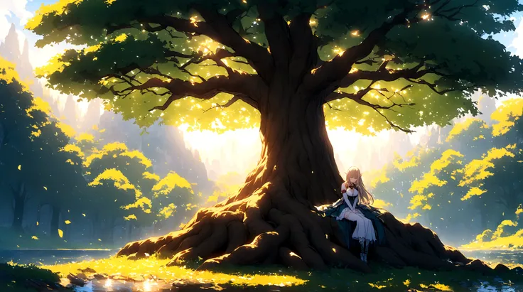 A girl，Elf，Girl sleeping in a tree，茂密的Big Tree，Big Tree，Clear lake water，Morning Sunshine，Long gauze skirt