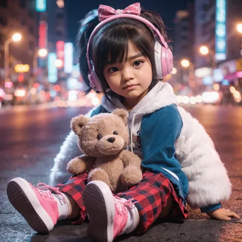 realistis 4d anak gadis kulit realistis rambut hitam yang mengenakan jaket berbulu tebal warna kuning biru, sepatu pink, rok merah kotak kotak, duduk di jalan kota pada malam hari. Anak tersebut harus memakai headphone, memegang boneka anjing besar dengan ...