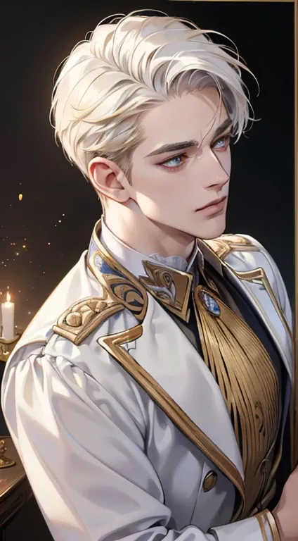 (best quality, masterpiece, 8K, photorealistic, cinematic lighting, 1:4 hdr image, top view, ultra detailed, beautiful image), a mature man, very handsome, short white hair, gold eyes, perfect face without errors , (CEO).Duke. Era vitoriana