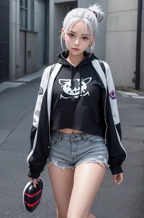 A girl with white hair tied in a ponytail, Without head, with a headset and silver star earrings, with a very detailed cropped with gray and black colors, with shorts and gengar pokemon slippers