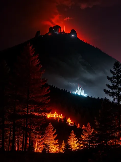 Large mountain, dark castle, hurricane at top, red lighting, lightening, red glow at peak mountain, forest, trees, temple