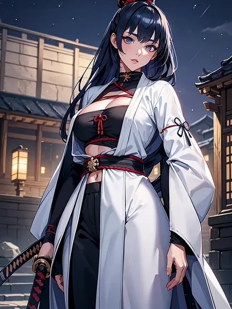 a female samurai, beautiful detailed eyes, beautiful detailed lips, extremely detailed face, long eyelashes, (katana swords behi...