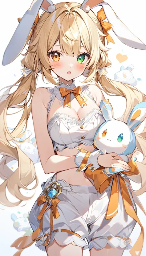 1girl, animal ears, bangs, bare shoulders, blonde hair, blush, bow, breasts, white cleavage, cropped torso, , green eyes, hair ribbon, heterochromia, holding, holding stuffed toy, looking at viewer, open mouth, orange bow, orange eyes, orange ribbon, rabbi...