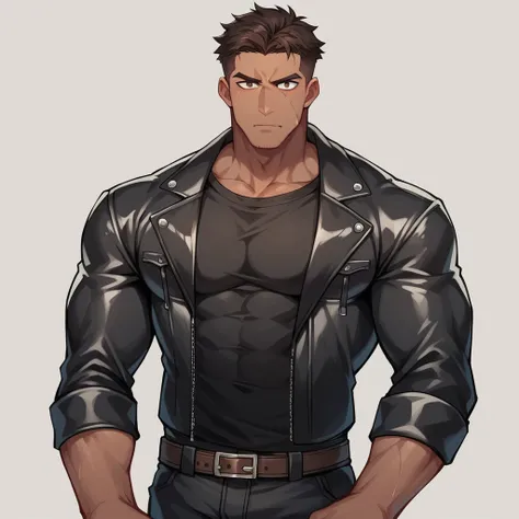 A handsome young man, from a cold look and it would be, a hard and dry expression, a deep scar on the right eye, muscular and manly body, short curly dark brown hair. Wearing a tight black shirt and a black leather jacket