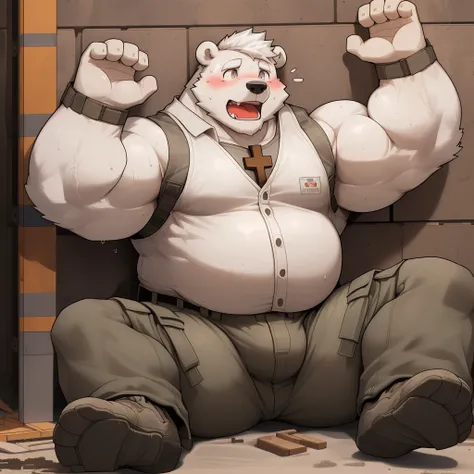 masterpiece, best quality, 8k resolution, Very detailed, hairy，(((polar bear))，(((Mature)))，(((beard))),(((Strong)))，(((White hair all over body)))，(((portrait)))，(((White hair)))，(((Construction Site)))，For the audience，(((White vest))),(((Back against th...