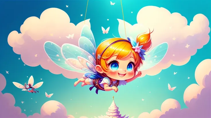  Cute s, light colors hair, blue eyes, gossamer,illustration, A masterpiece in bright light, stunning art! The art of magic, fairy tale artwork, inspiring art, exquisite artwork high quality、masterpiece、Sparkling fairies、smile、fairy flying in the sky、Fairi...