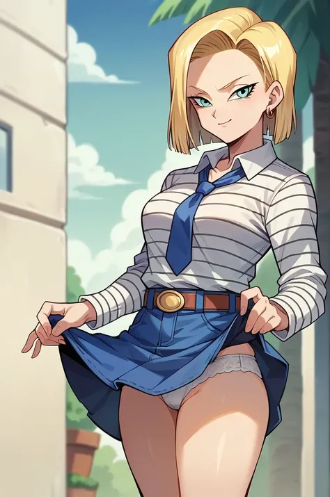 Masterpiece, best quality,mini skirt,official art, dragon ball,android 18,light smile,nsfw,mini skirt lift by myself