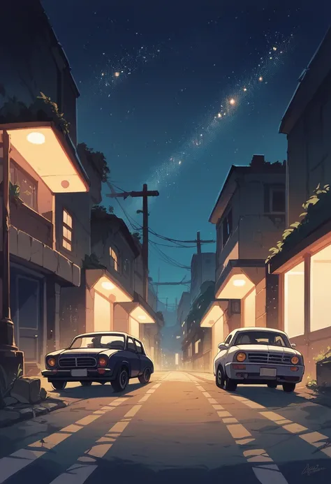 Factory in the background in ruins, night with starry sky, a street that leads to the main door, the asphalt sides, a car driving on the road at night with its headlights on, horror drawing style