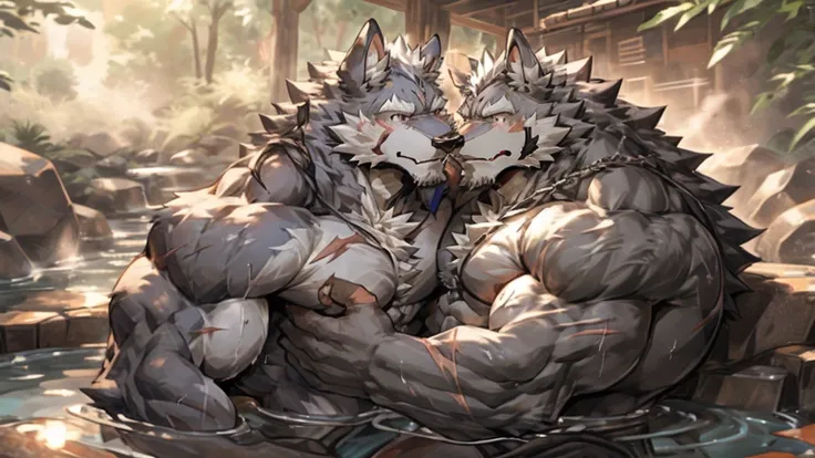 hot spring，furry，two people，（wolf：1.9），long hair，long beard，majesty，Mature，elderly aged，Mature,knight,paladin,numerous wounds，Crotch bulge，Lots of scars，Tall，Bodybuilding，Muscle bulge，sweat，Naked upper body，respite，sexy，（by rabbity）,hugging and rubbing ,pu...