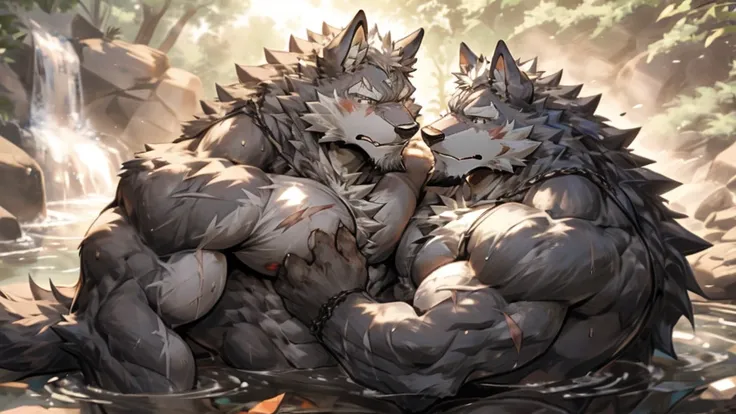 hot spring，furry，two people，（wolf：1.9），long hair，long beard，majesty，Mature，elderly aged，Mature,knight,paladin,numerous wounds，Crotch bulge，Lots of scars，Tall，Bodybuilding，Muscle bulge，sweat，Naked upper body，respite，sexy，（by rabbity）,hugging and rubbing ,pu...