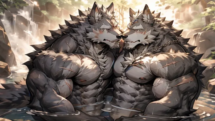 hot spring，furry，two people，（wolf：1.9），long hair，long beard，majesty，Mature，elderly aged，Mature,knight,paladin,numerous wounds，Crotch bulge，Lots of scars，Tall，Bodybuilding，Muscle bulge，sweat，Naked upper body，respite，sexy，（by rabbity）,hugging and rubbing ,pu...