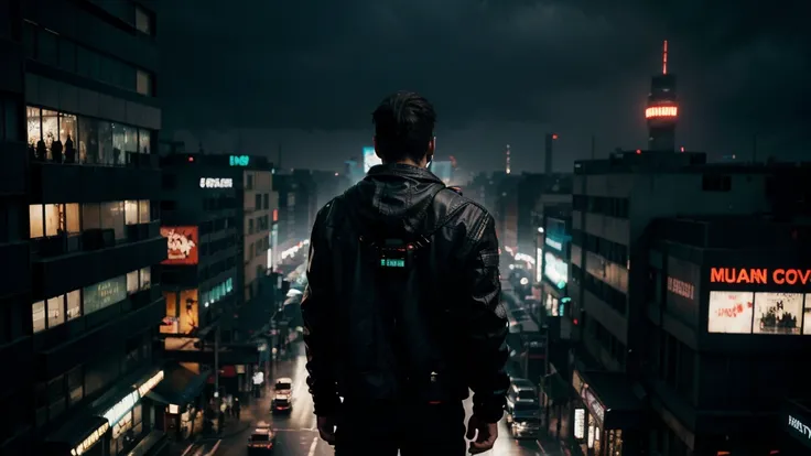 a man in a black jacket and mask standing in the middle of a cyberpunk city, his back turned, birds-eye view, flying vehicles, dystopian, neon lights, atmospheric, moody, dramatic lighting, cinematic, masterpiece, photorealistic, 8k, hyper detailed, intric...