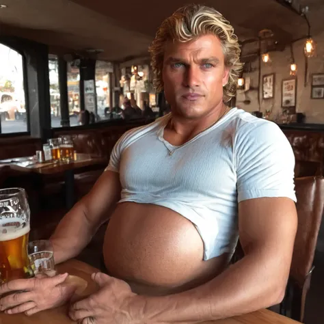 a handsome muscular blonde man in a restaurant,1man,detailed facial features,detailed eyes,detailed lips,detailed nose,detailed face,extremely detailed facial features,beer belly,sitting at table,photorealistic,realistic,8k,detailed lighting,cinematic ligh...