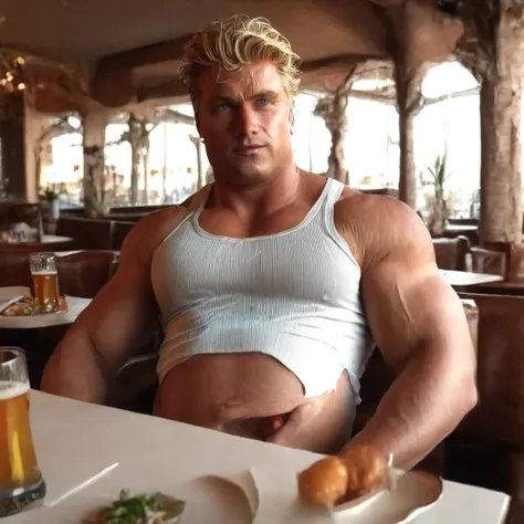 a handsome muscular blonde man in a restaurant,1man,detailed facial features,detailed eyes,detailed lips,detailed nose,detailed face,extremely detailed facial features,beer belly,sitting at table,photorealistic,realistic,8k,detailed lighting,cinematic ligh...