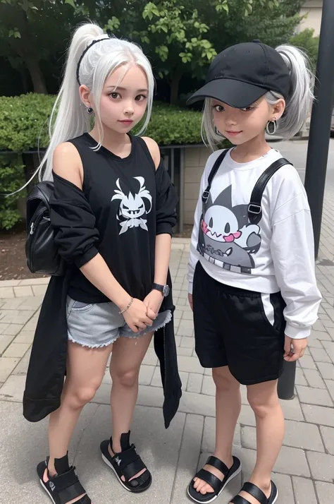 A girl with white hair tied in a ponytail, Without head, with a headset and silver star earrings, with a well-detailed scarecrow in gray and black colors, with shorts and slippers with drawings of the pokemon gengar with white skin color