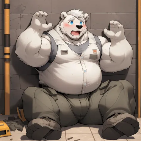 masterpiece, best quality, 8k resolution, Very detailed, hairy，(((polar bear))，(((Mature)))，(((beard))),(((Strong)))，(((Blue Eyes))),(((White hair all over body)))，(((portrait)))，(((White hair)))，(((Construction Site)))，For the audience，(((White vest))),((...