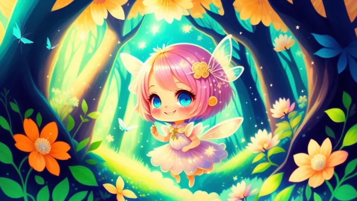 Cute  s, light colors hair, blue eyes, gossamer,illustration, A masterpiece in bright light, stunning art! The art of magic, fairy tale artwork, inspiring art, exquisite artwork high quality、masterpiece、Sparkling fairies、smile、flight、cloud、fly in the sky、F...