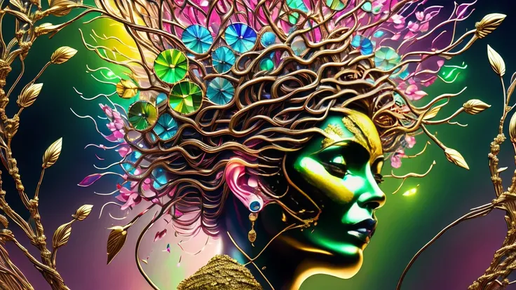 Beautiful line art photo，Use gold strokes and rainbow paint，Golden Maiden，the golden ratio，melted wax，Visible brushstrokes，surrounded by glass spheres，3D mosaic structure，neuroimaging，neurons，the life tree，colors，california，intense emotion，oil on canvas，th...